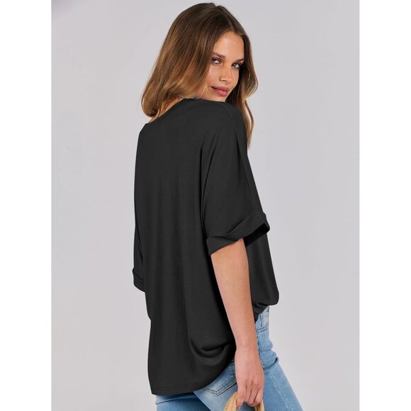 💫 Women Casual Loose Basic Tee Shirt Black Short Sleeve Trendy Fashion Tops - Picture 3 of 8